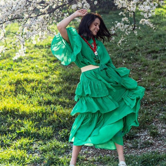 Iris Apfel X H&M MEDIUM Long Flounced Tassels Oversized Green Maxi Dress SMALL - Picture 3 of 10